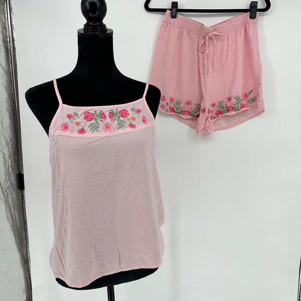 Japna Lounge Pink Gingham Floral Embroidery Short Cami Tank Set Sleep Pajamas M